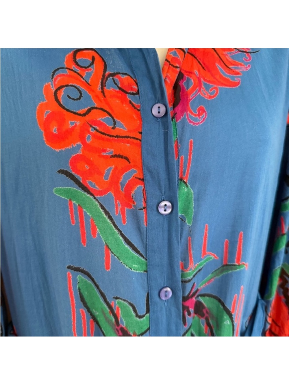 New Anthropologie Ro’s Garden Cotton Floral India Blue Red Midi Shirt Dress S - Picture 6 of 8